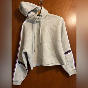 Tommy Hilfiger Gray Cropped Hoodie with Striped Sleeves